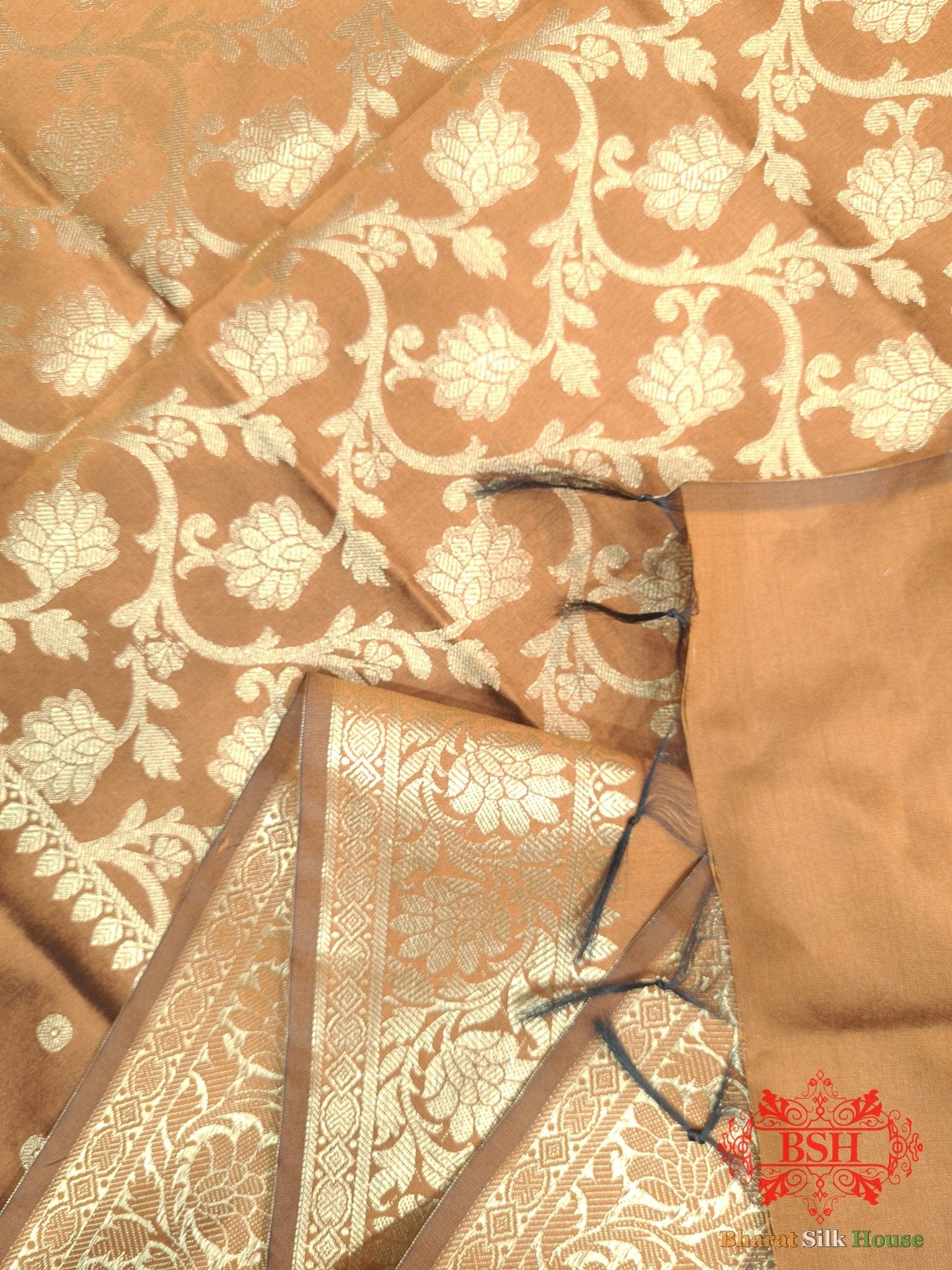 Sandstone Shades Of Yellow Banarasi Floral Semi Silk Dupatta - Bharat Silk House Semi Dupatte