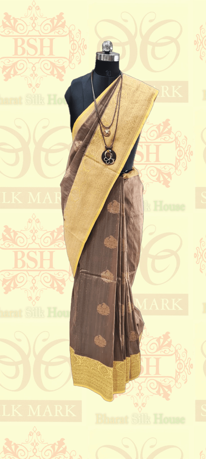 Sepia Pure Tussar Moonga Silk Handloom Saree With Zari Border - Bharat Silk House Tussar