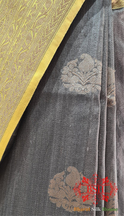 Sepia Pure Tussar Moonga Silk Handloom Saree With Zari Border - Bharat Silk House Tussar