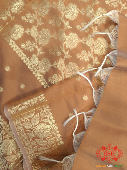 Sepia Shades Of Yellow Banarasi Floral Semi Silk Dupatta - Bharat Silk House Semi Dupatte