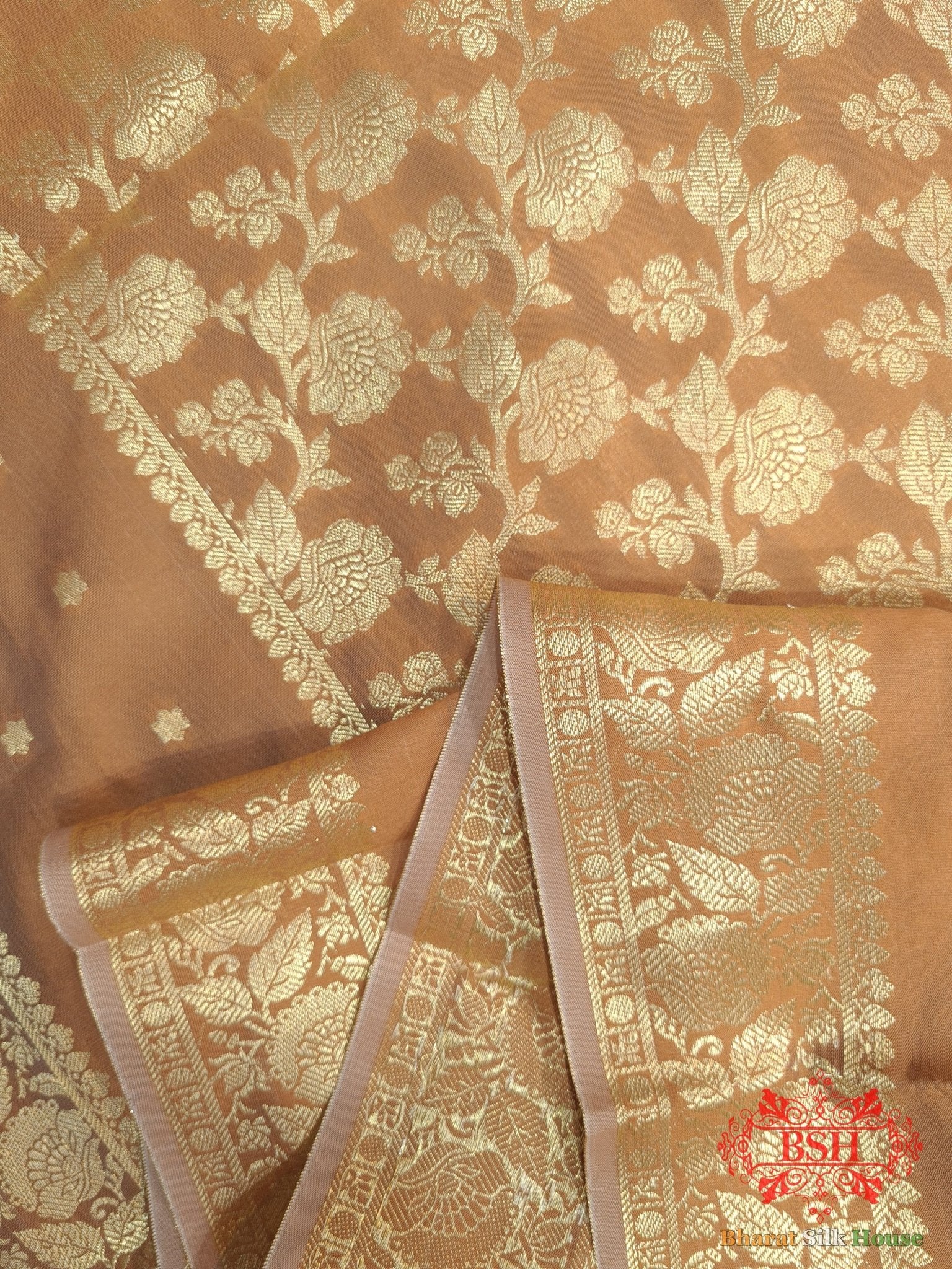 Sepia Shades Of Yellow Banarasi Floral Semi Silk Dupatta - Bharat Silk House Semi Dupatte