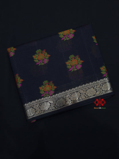 Shade Of Black Pure Chiniya Silk Saree With Meena Floral Booti - Bharat Silk House Chiniya Saree