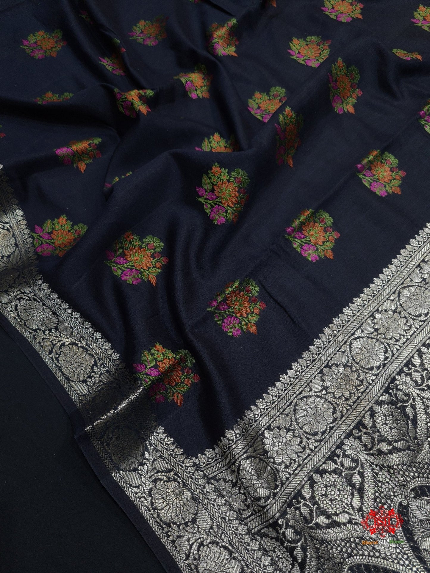 Shade Of Black Pure Chiniya Silk Saree With Meena Floral Booti - Bharat Silk House Chiniya Saree