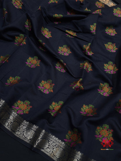 Shade Of Black Pure Chiniya Silk Saree With Meena Floral Booti - Bharat Silk House Chiniya Saree