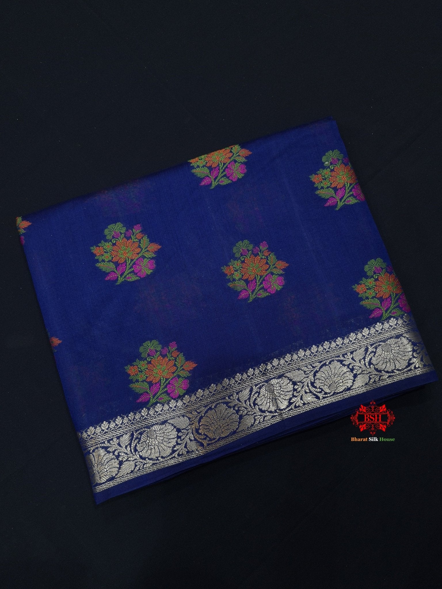 Shade Of Blue Pure Chiniya Silk Saree With Meena Floral Booti - Bharat Silk House Chiniya Saree