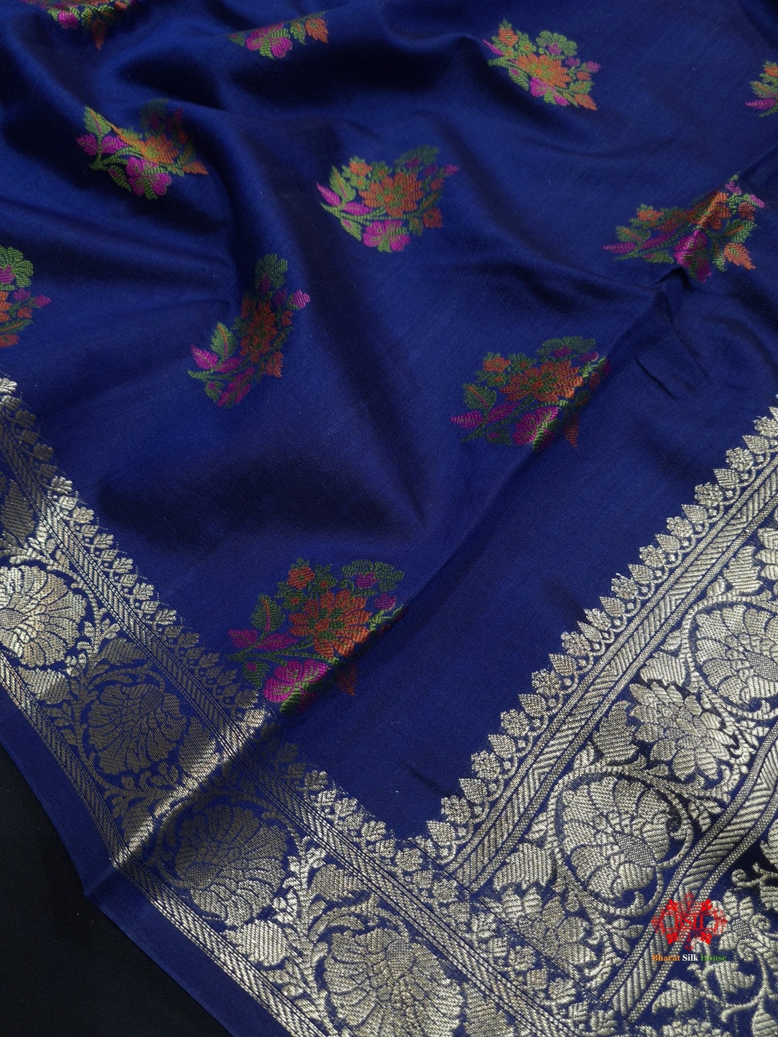 Shade Of Blue Pure Chiniya Silk Saree With Meena Floral Booti - Bharat Silk House Chiniya Saree