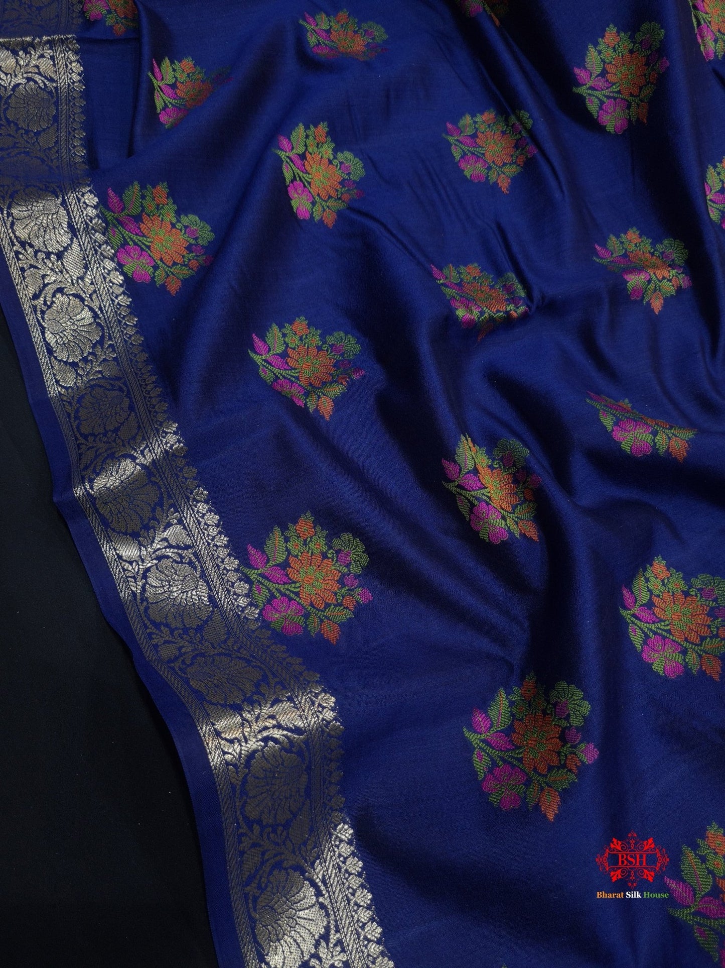 Shade Of Blue Pure Chiniya Silk Saree With Meena Floral Booti - Bharat Silk House Chiniya Saree