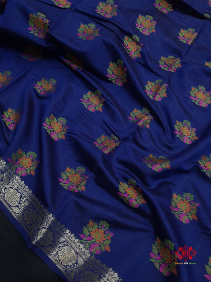 Shade Of Blue Pure Chiniya Silk Saree With Meena Floral Booti - Bharat Silk House Chiniya Saree