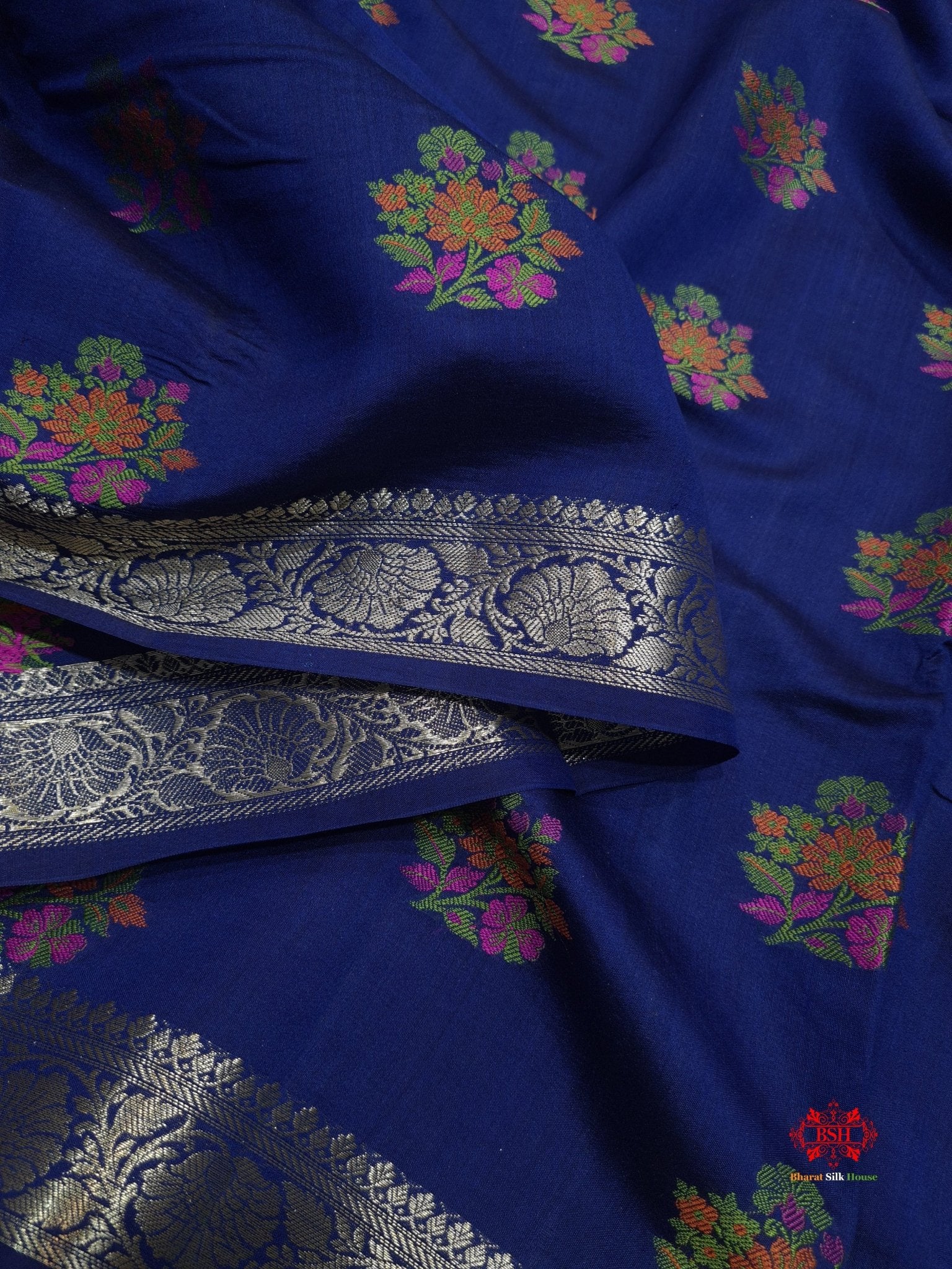 Shade Of Blue Pure Chiniya Silk Saree With Meena Floral Booti - Bharat Silk House Chiniya Saree