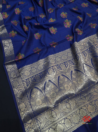 Shade Of Blue Pure Chiniya Silk Saree With Meena Floral Booti - Bharat Silk House Chiniya Saree