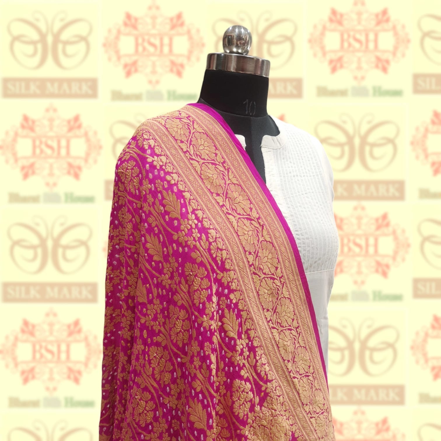 Shade Of Deep Pink Georgette Banarasi Handloom Bandhani Dupatta - Bharat Silk House Bandhej