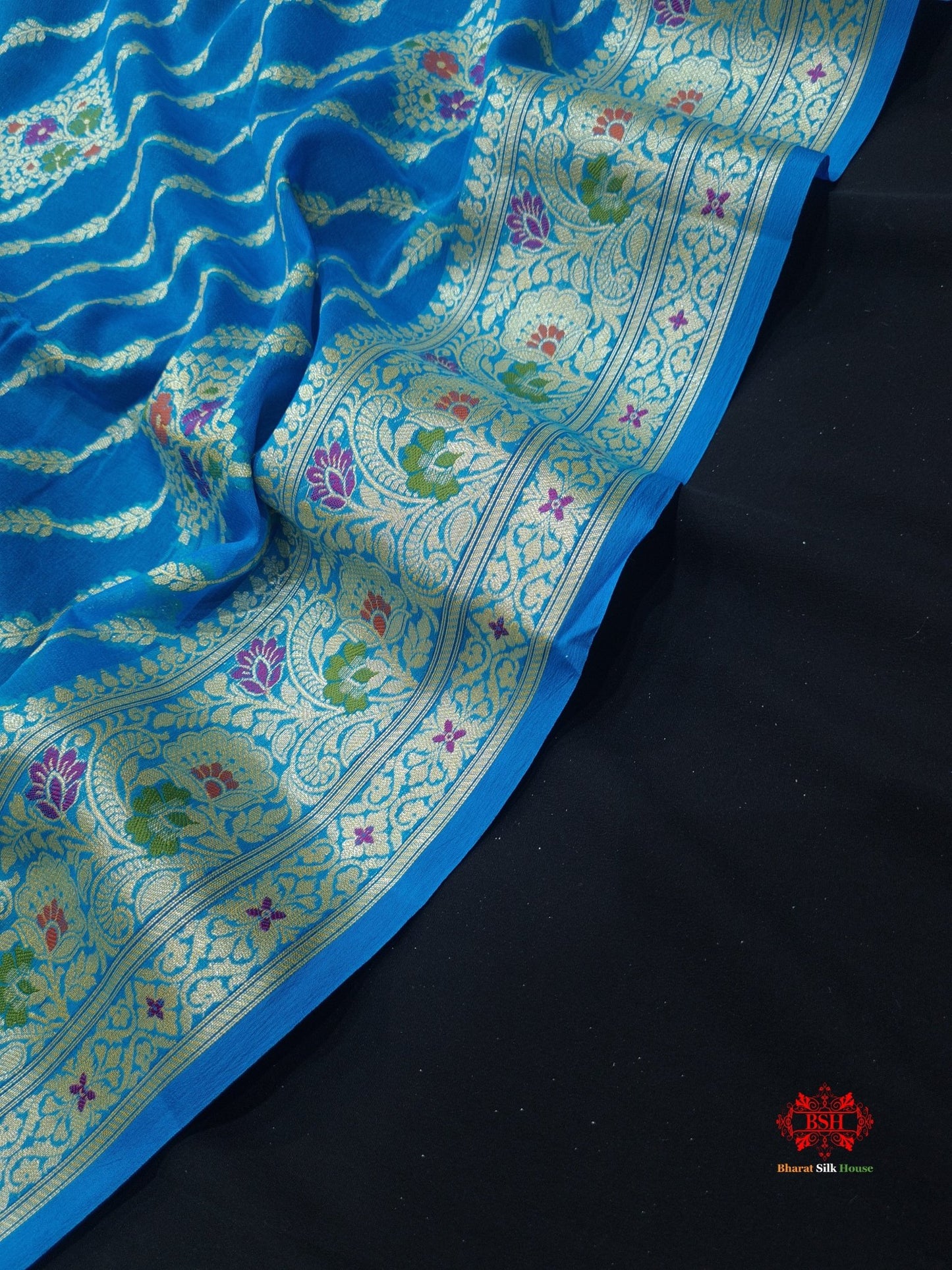 Shade Of Firozi Pure Chiffon Reshmi Meena Zari Pure Banarasi Silk Saree - Bharat Silk House Chiffon Sarees