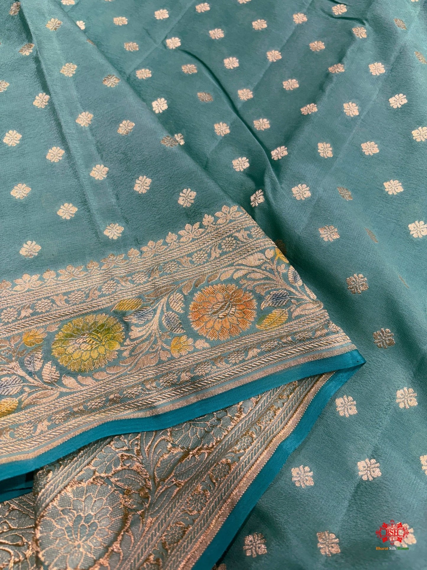 Shade Of Firozi Pure Chiniya Silk Saree With Meena Floral Handbrush Dyed - Bharat Silk House Chiniya Saree