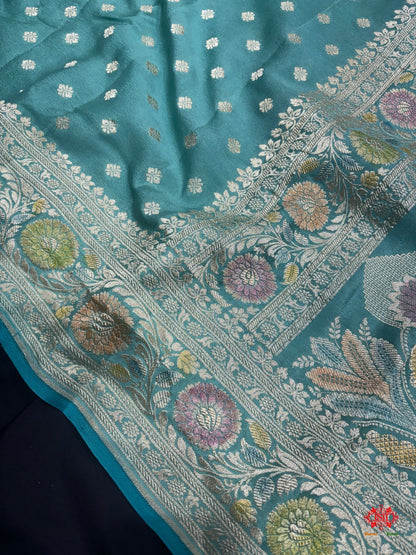 Shade Of Firozi Pure Chiniya Silk Saree With Meena Floral Handbrush Dyed - Bharat Silk House Chiniya Saree