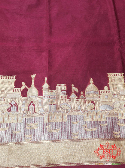 Shade Of Garnet Banaras Ghats Weaved Silk Saree - Bharat Silk House Semi - Silk