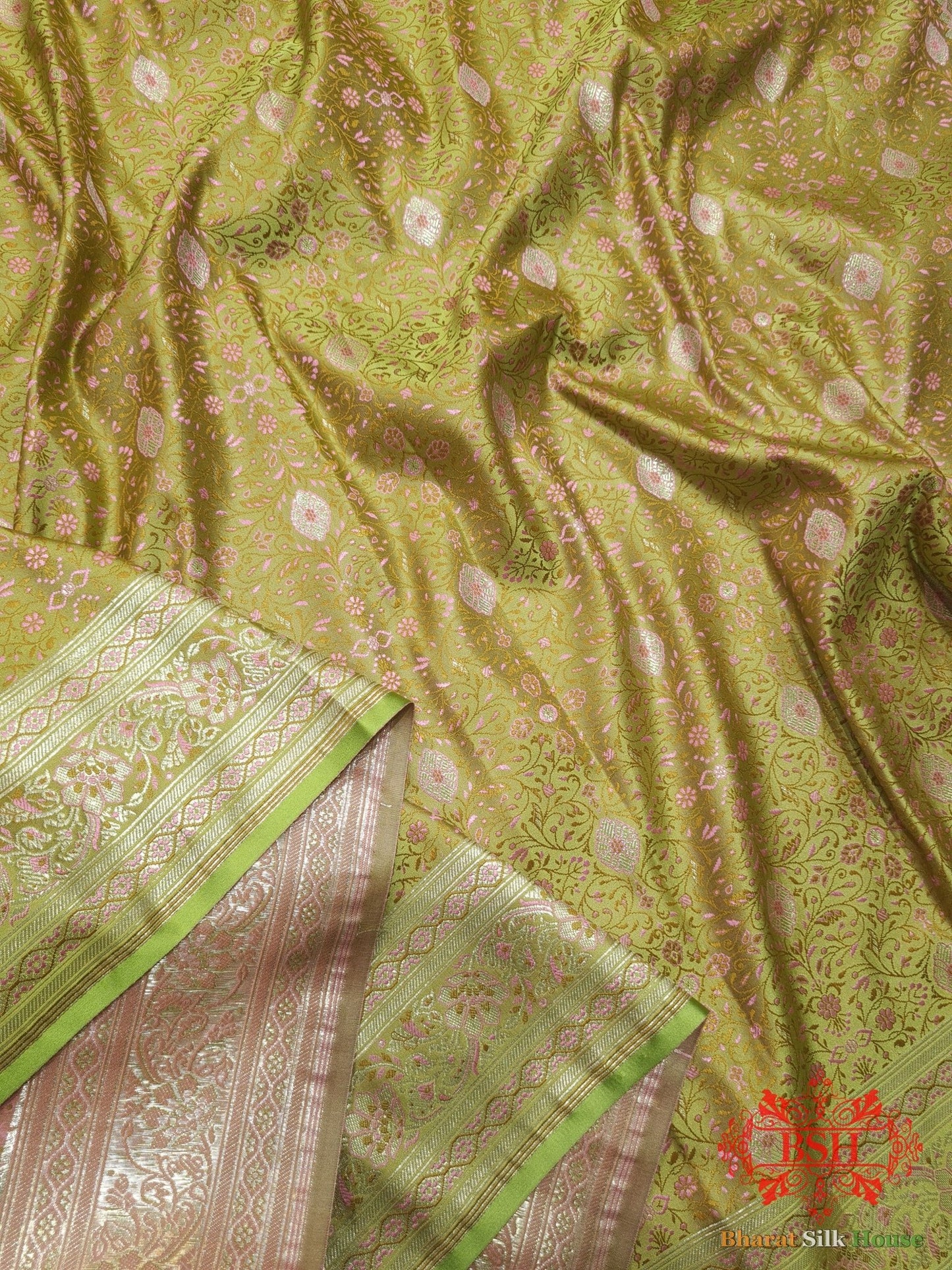 Shade Of Green Dohri Resham Zari Booti Tanchoi Silk Saree - Bharat Silk House Tanchoi katan