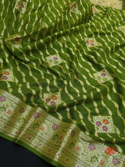 Shade Of Green Pure Chiffon Reshmi Meena Zari Pure Banarasi Silk Saree - Bharat Silk House Chiffon Sarees