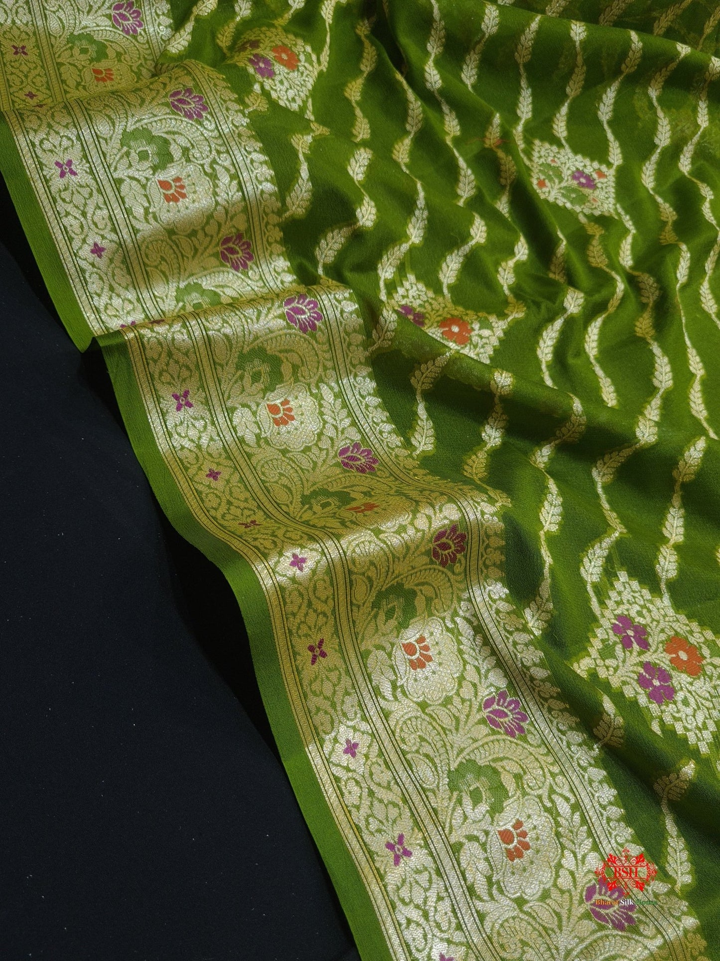 Shade Of Green Pure Chiffon Reshmi Meena Zari Pure Banarasi Silk Saree - Bharat Silk House Chiffon Sarees