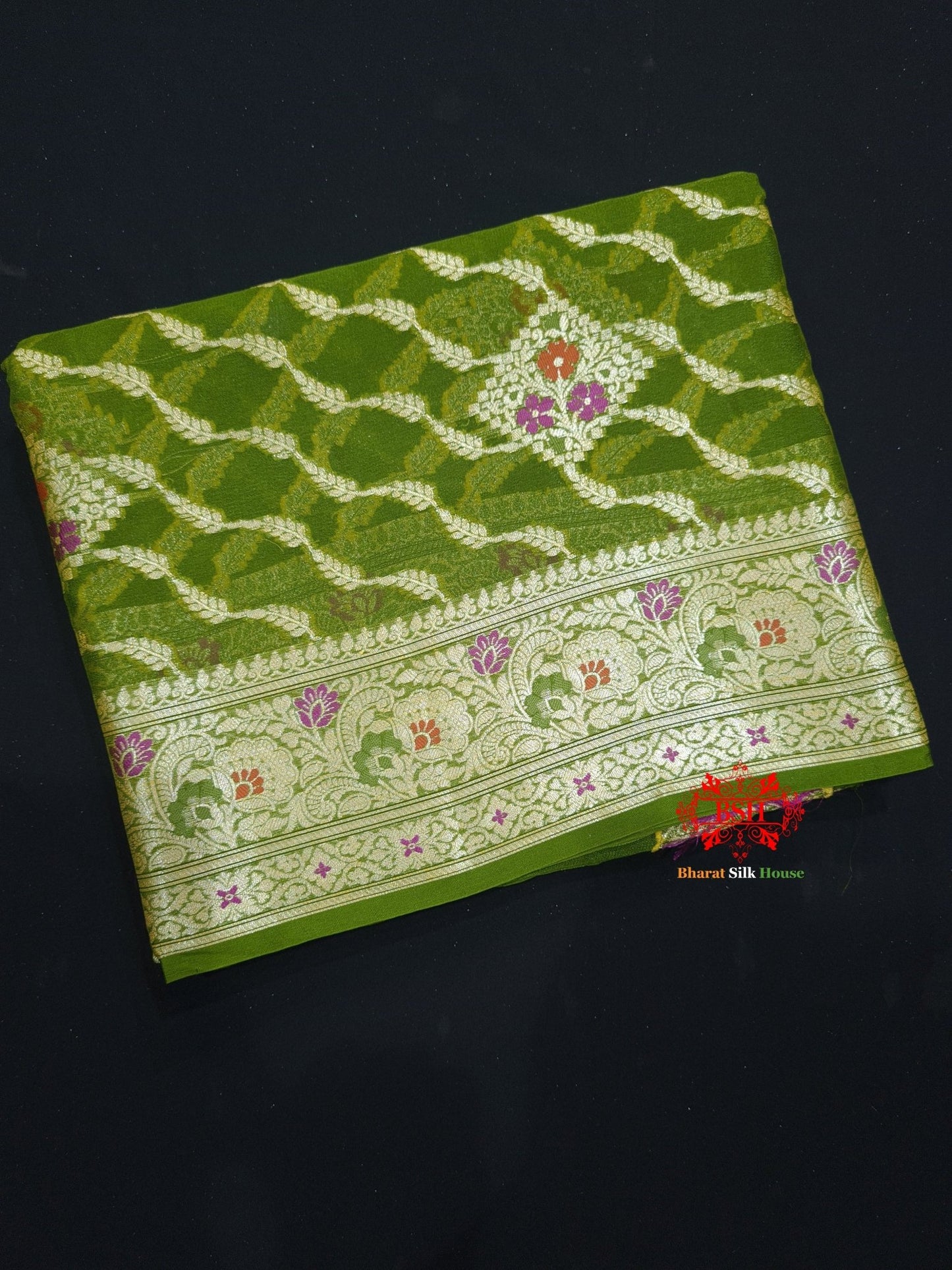 Shade Of Green Pure Chiffon Reshmi Meena Zari Pure Banarasi Silk Saree - Bharat Silk House Chiffon Sarees