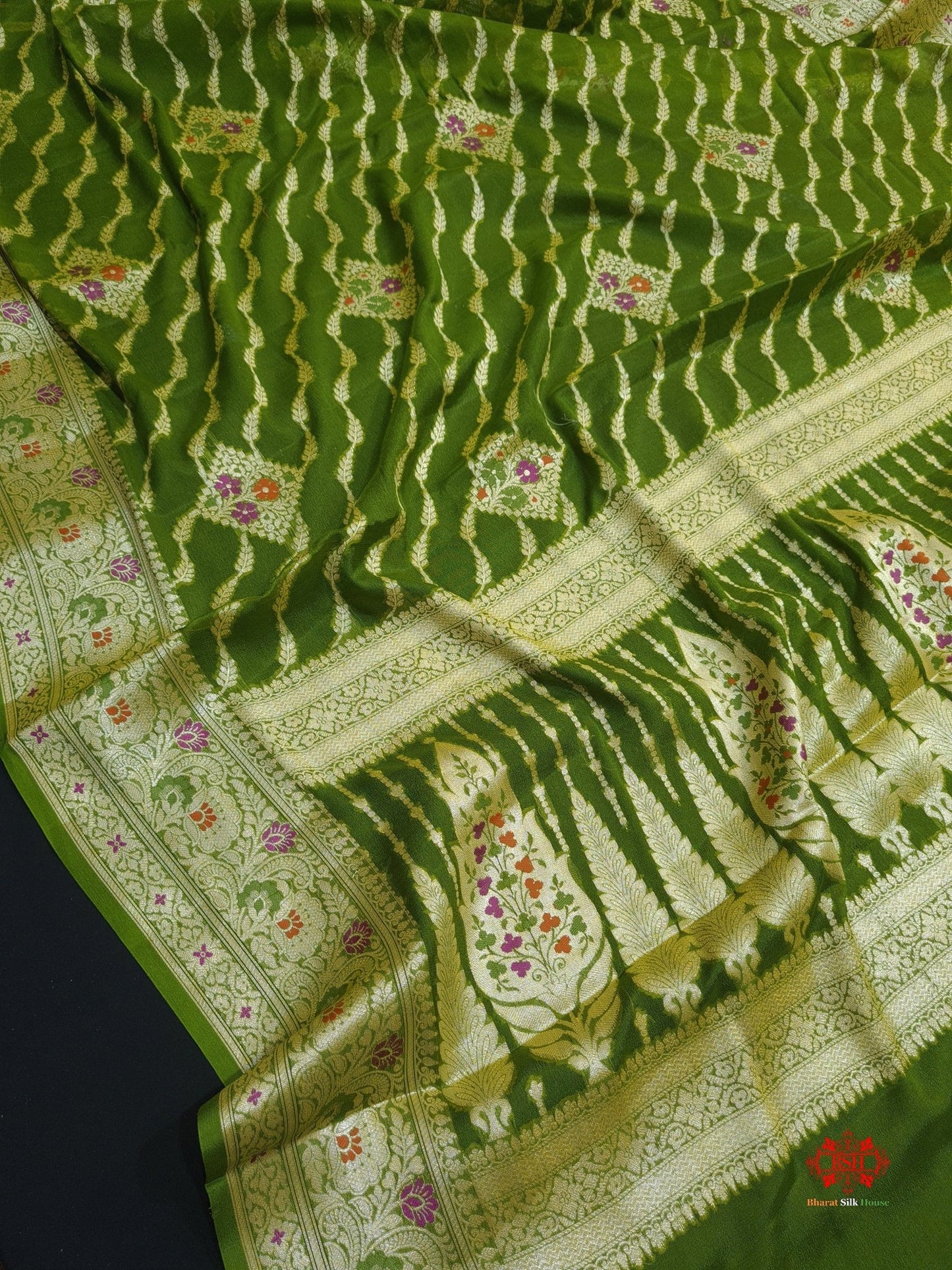 Shade Of Green Pure Chiffon Reshmi Meena Zari Pure Banarasi Silk Saree - Bharat Silk House Chiffon Sarees