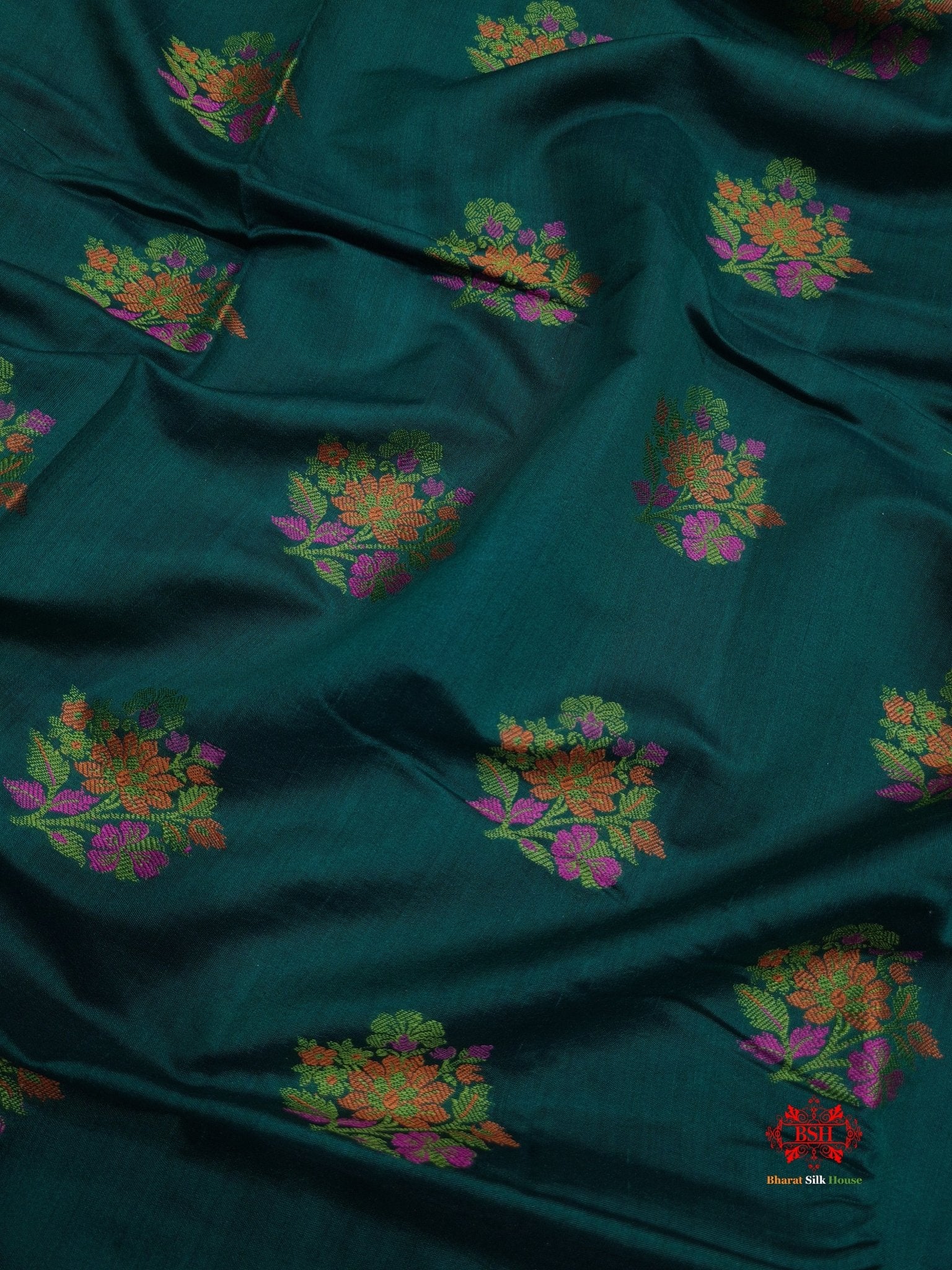 Shade Of Green Pure Chiniya Silk Saree With Meena Floral Booti - Bharat Silk House Chiniya Saree