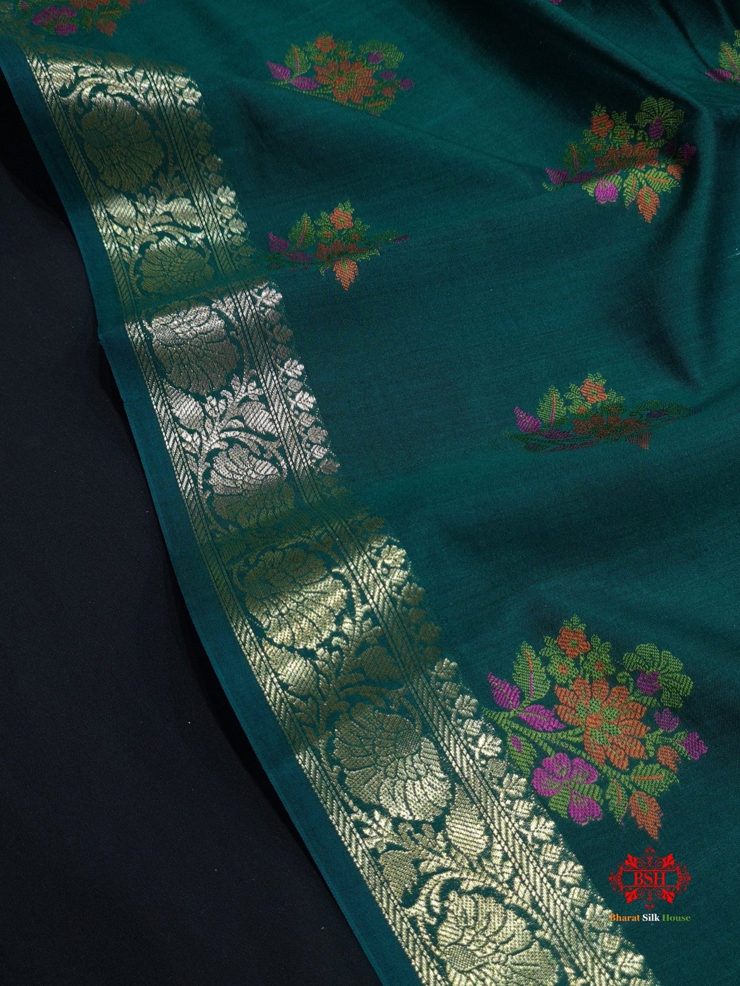 Shade Of Green Pure Chiniya Silk Saree With Meena Floral Booti - Bharat Silk House Chiniya Saree