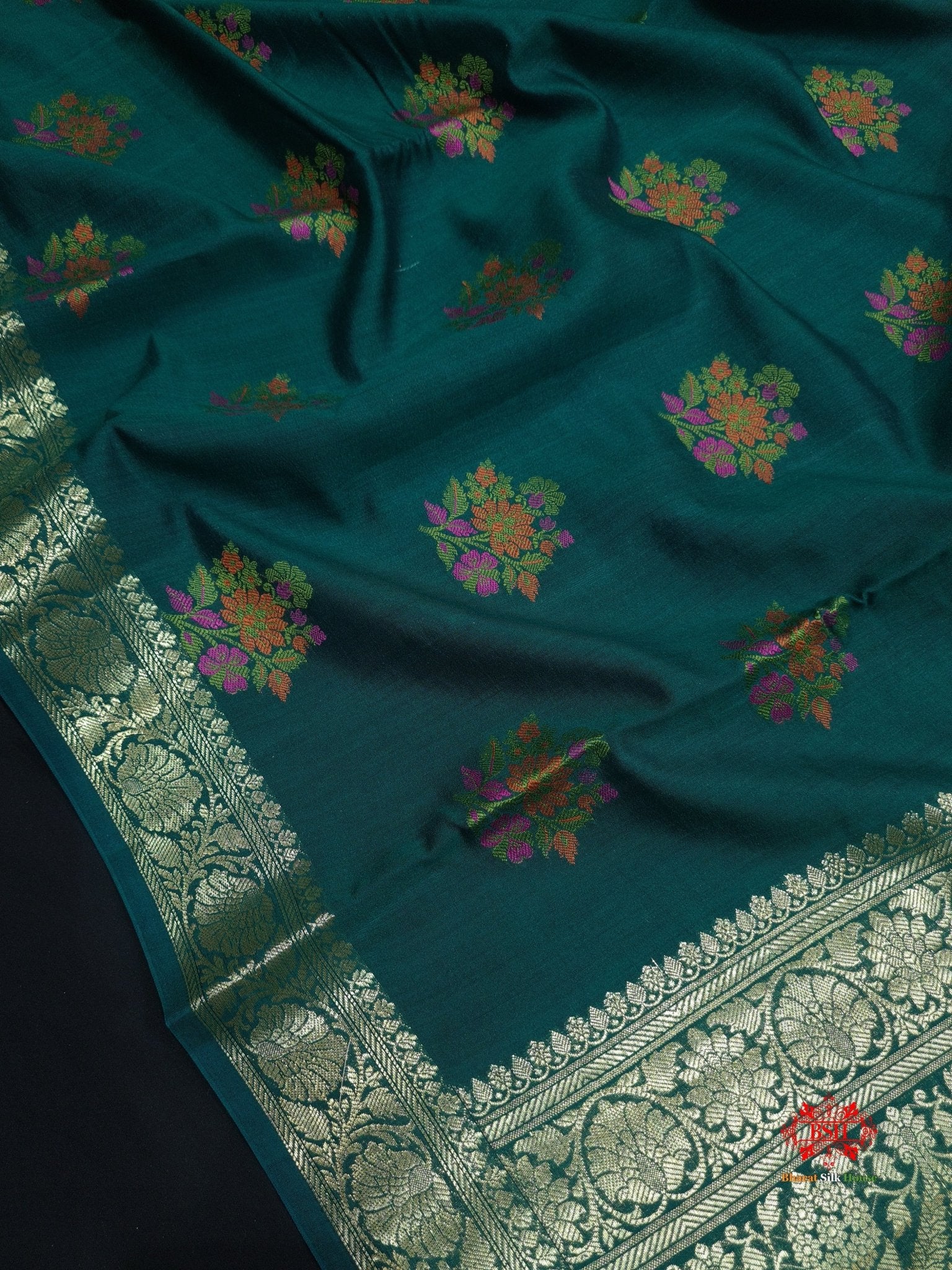 Shade Of Green Pure Chiniya Silk Saree With Meena Floral Booti - Bharat Silk House Chiniya Saree