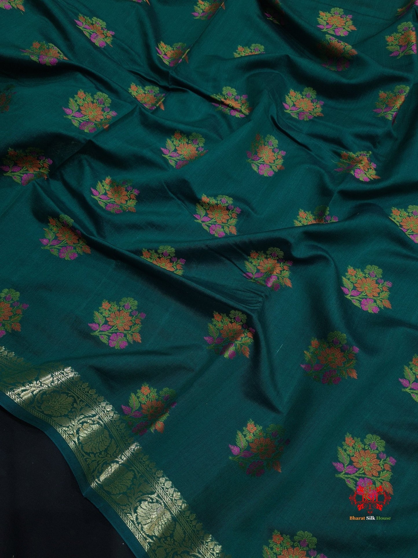 Shade Of Green Pure Chiniya Silk Saree With Meena Floral Booti - Bharat Silk House Chiniya Saree