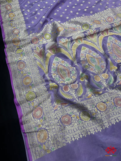 Shade Of Lavender Pure Chiniya Silk Saree With Meena Floral Handbrush Dyed - Bharat Silk House Chiniya Saree