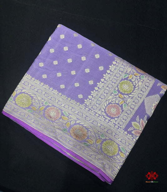 Shade Of Lavender Pure Chiniya Silk Saree With Meena Floral Handbrush Dyed - Bharat Silk House Chiniya Saree