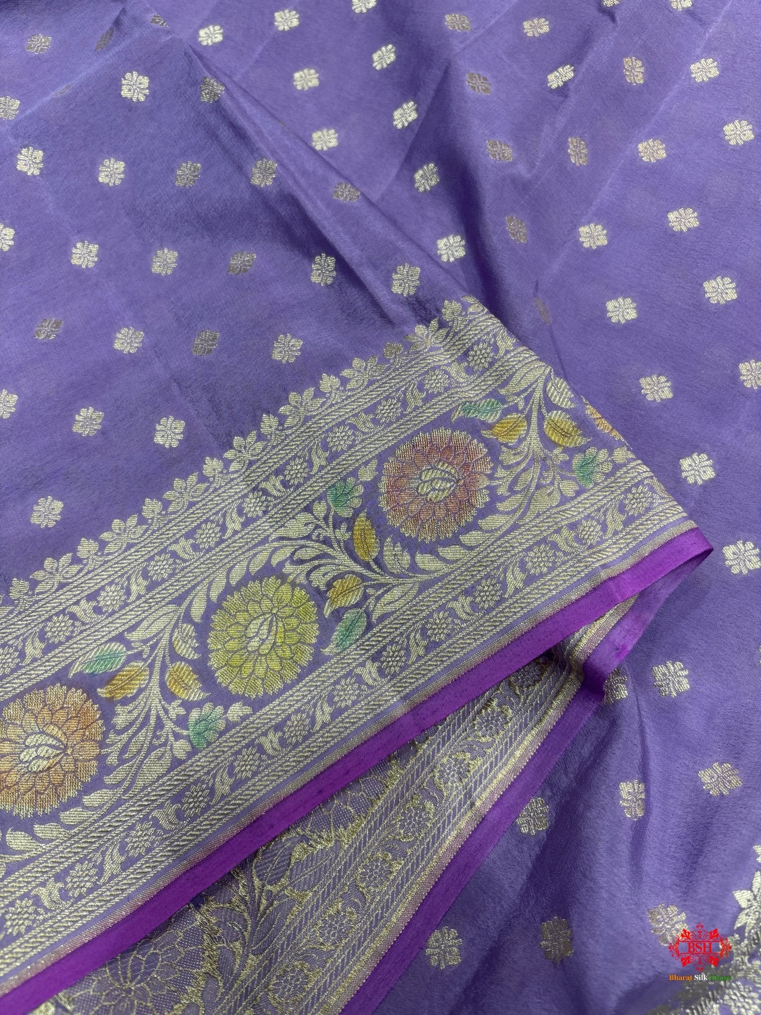 Shade Of Lavender Pure Chiniya Silk Saree With Meena Floral Handbrush Dyed - Bharat Silk House Chiniya Saree