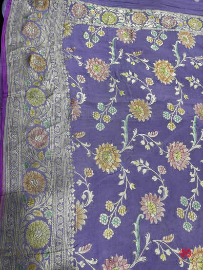 Shade Of Lavender Pure Chiniya Silk Saree With Meena Floral Handbrush Dyed - Bharat Silk House Chiniya Saree