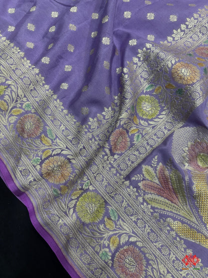 Shade Of Lavender Pure Chiniya Silk Saree With Meena Floral Handbrush Dyed - Bharat Silk House Chiniya Saree