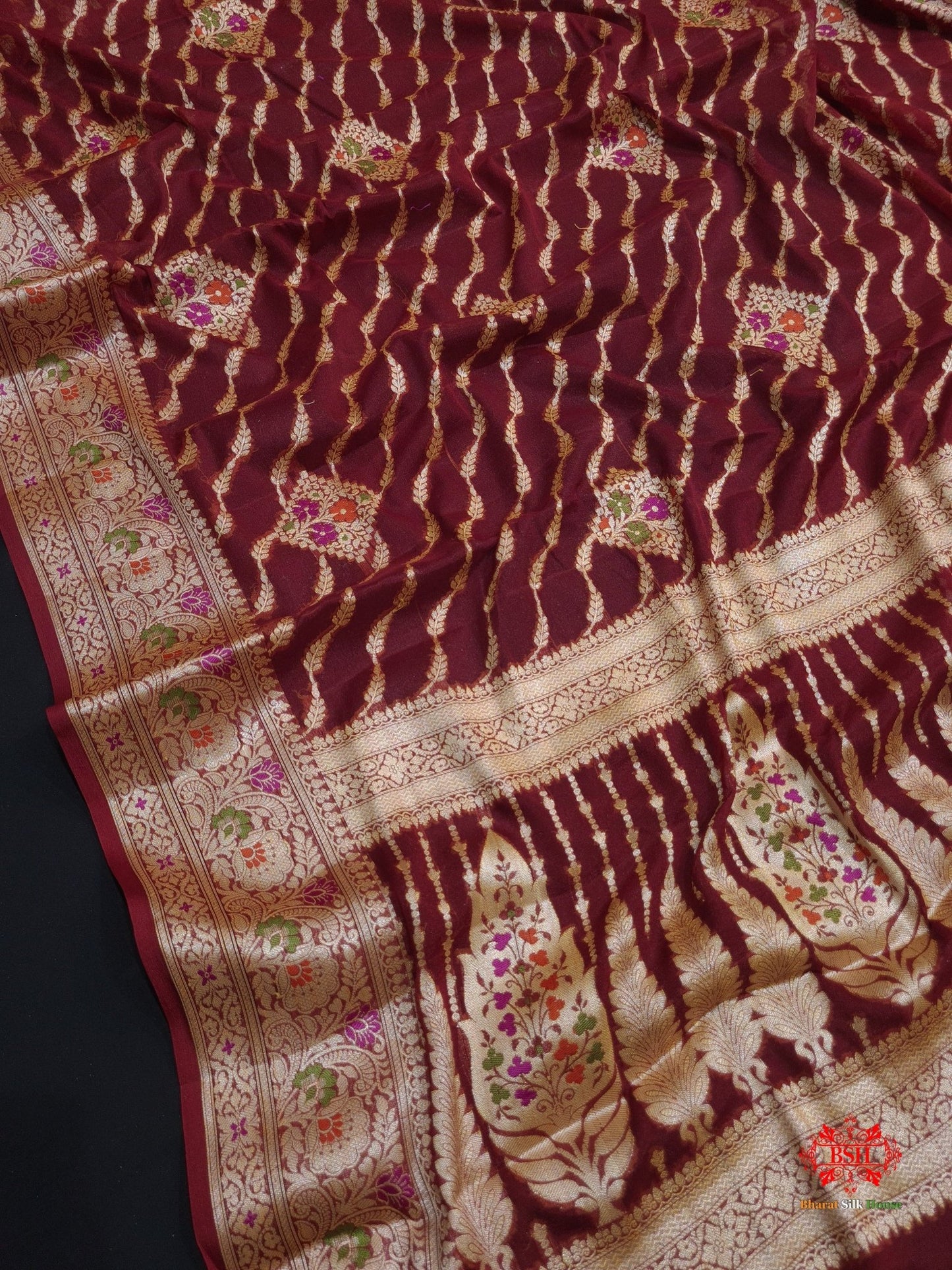 Shade Of Maroon Pure Chiffon Reshmi Meena Zari Pure Banarasi Silk Saree - Bharat Silk House Chiffon Sarees