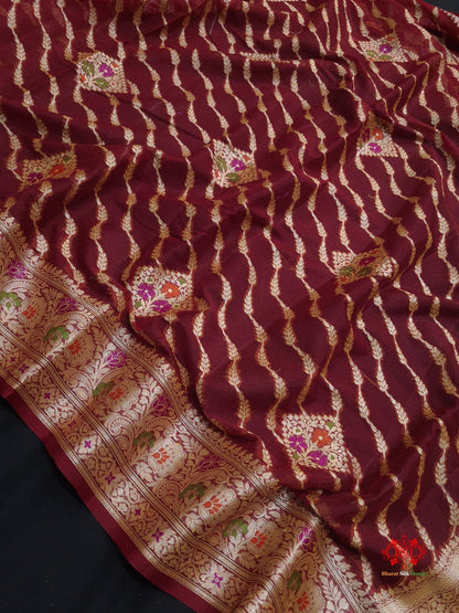 Shade Of Maroon Pure Chiffon Reshmi Meena Zari Pure Banarasi Silk Saree - Bharat Silk House Chiffon Sarees