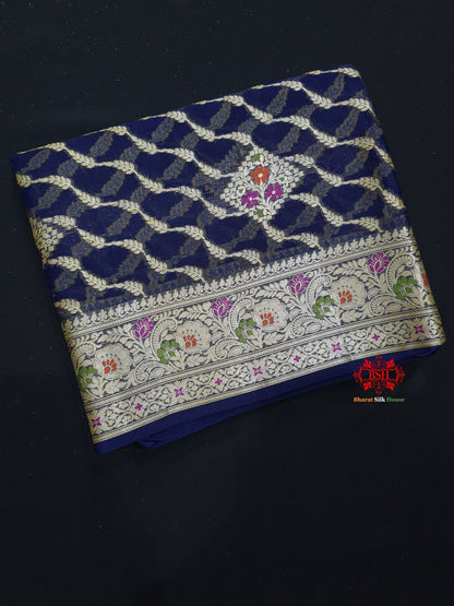 Shade Of Navy Blue Pure Chiffon Reshmi Meena Zari Pure Banarasi Silk Saree - Bharat Silk House Chiffon Sarees