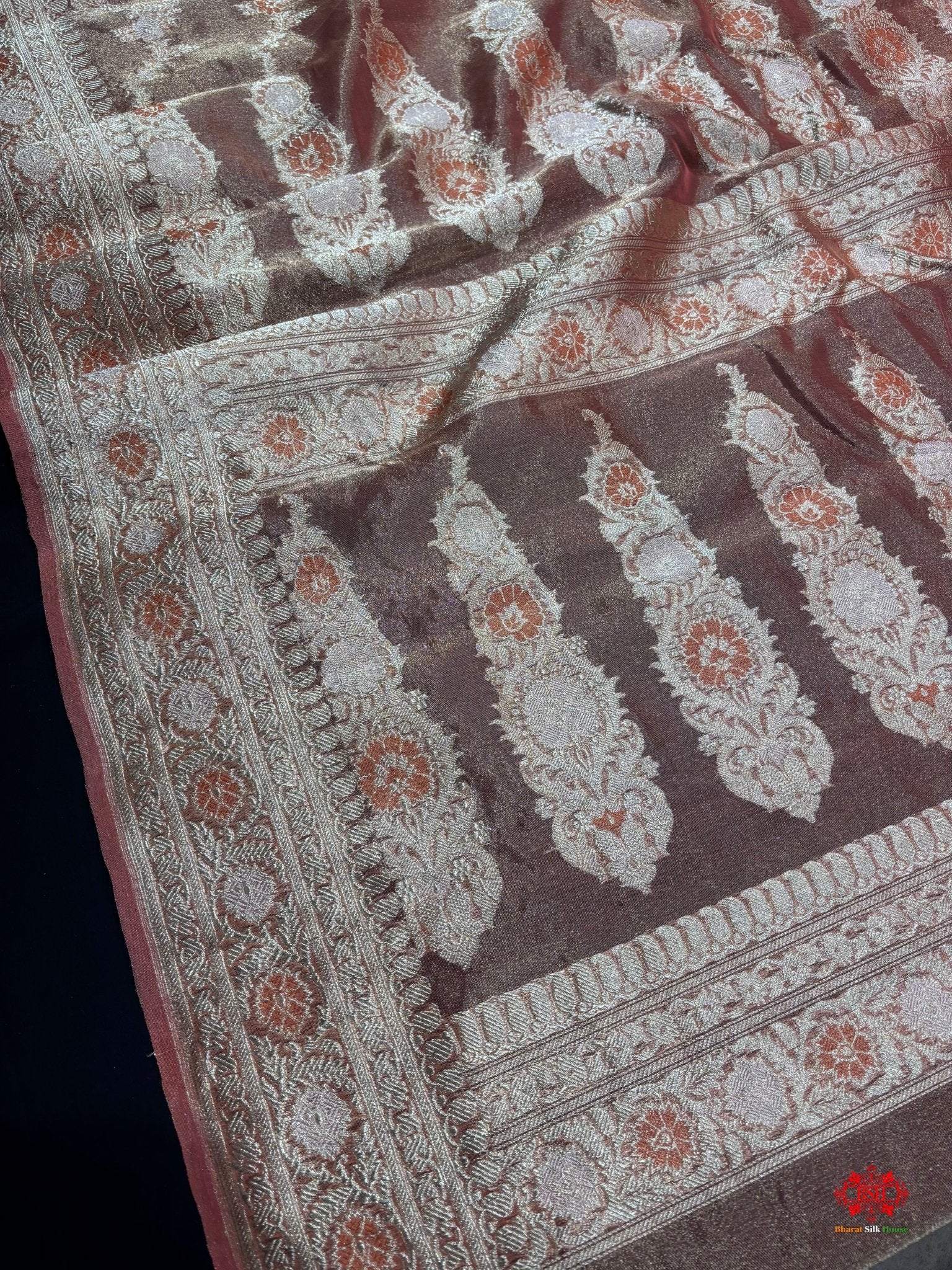 Shade Of Orange Pure Tissue Meena Floral Jaal Silk Saree - Bharat Silk House Tissue Silk