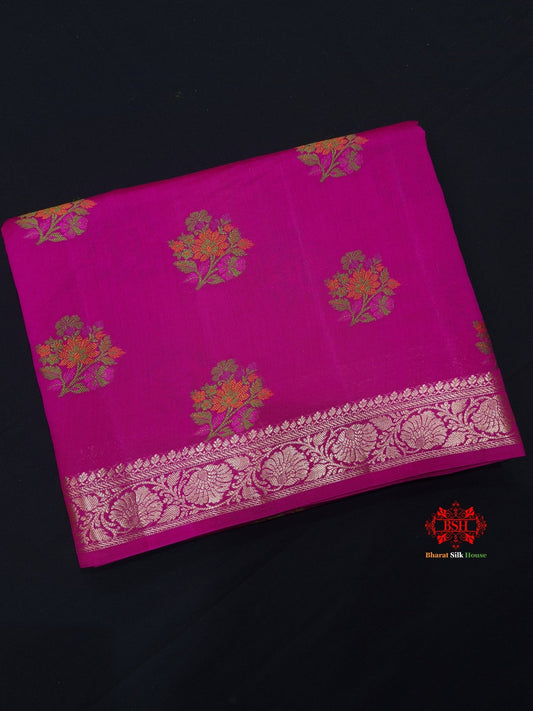 Shade Of Pink Pure Chiniya Silk Saree With Meena Floral Booti - Bharat Silk House Chiniya Saree