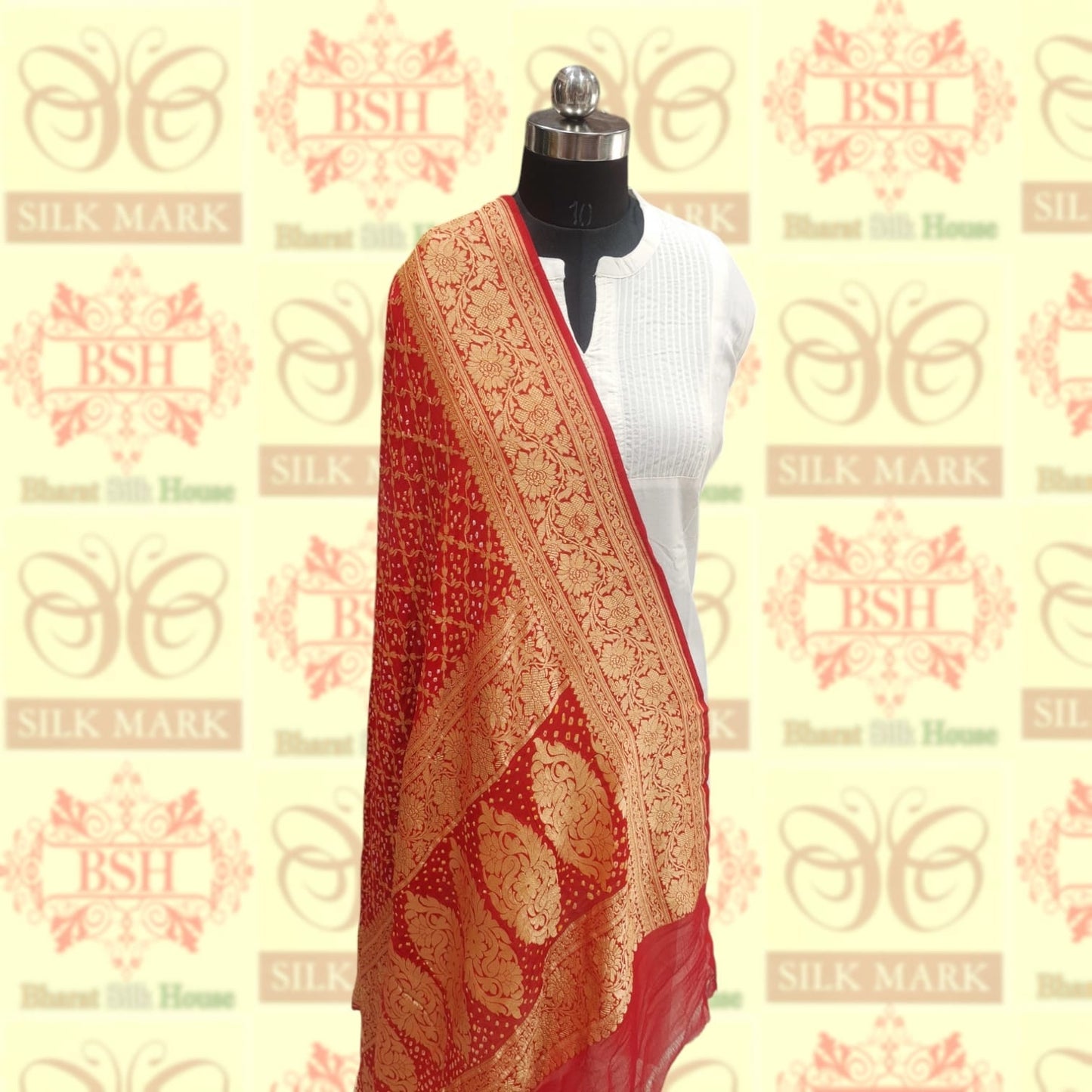 Shade Of Red Georgette Banarasi Handloom Bandhani Dupatta - Bharat Silk House Bandhej