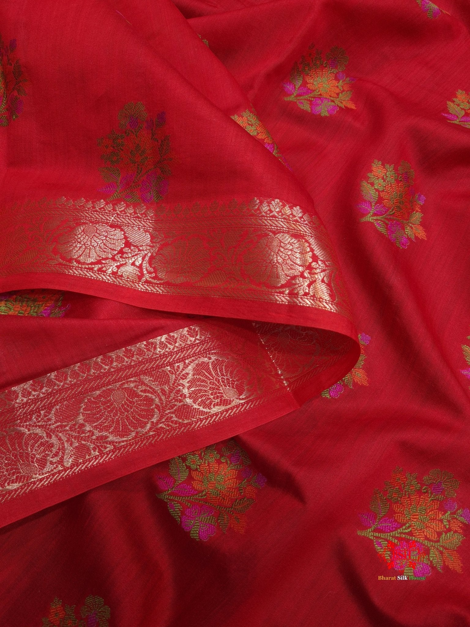 Shade Of Red Pure Chiniya Silk Saree With Meena Floral Booti - Bharat Silk House Chiniya Saree