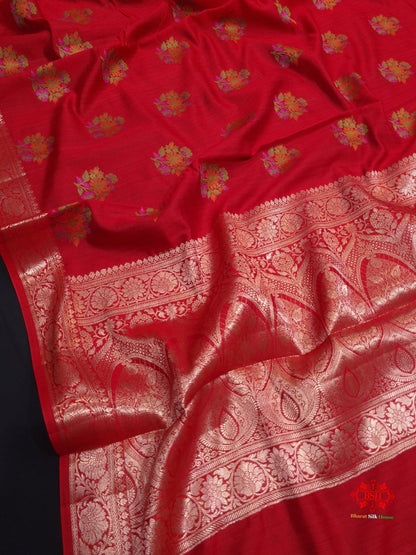 Shade Of Red Pure Chiniya Silk Saree With Meena Floral Booti - Bharat Silk House Chiniya Saree