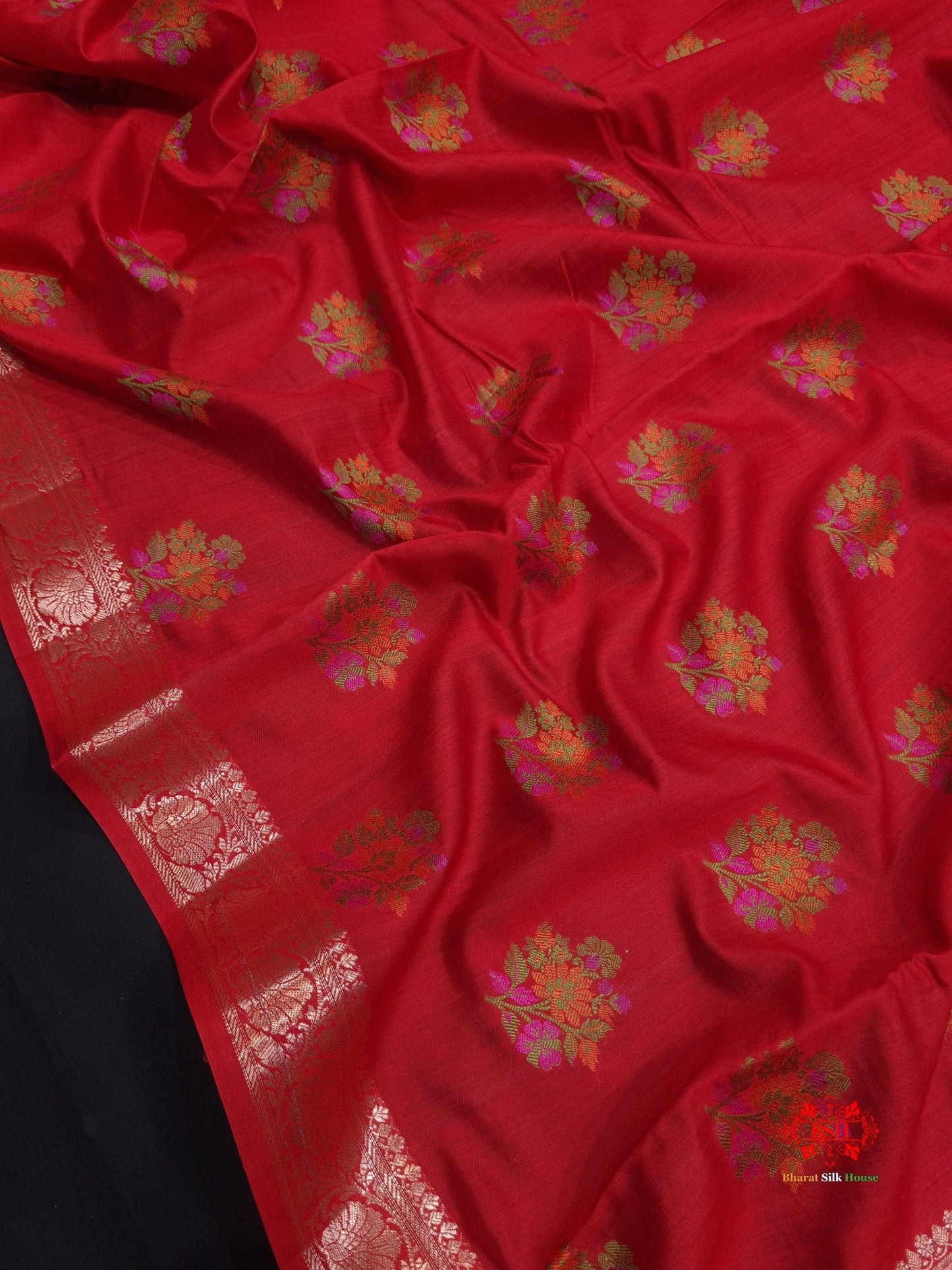 Shade Of Red Pure Chiniya Silk Saree With Meena Floral Booti - Bharat Silk House Chiniya Saree