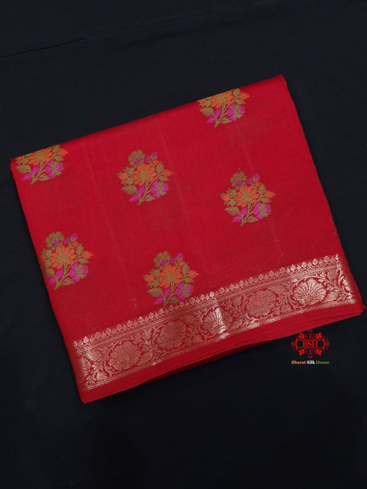 Shade Of Red Pure Chiniya Silk Saree With Meena Floral Booti - Bharat Silk House Chiniya Saree