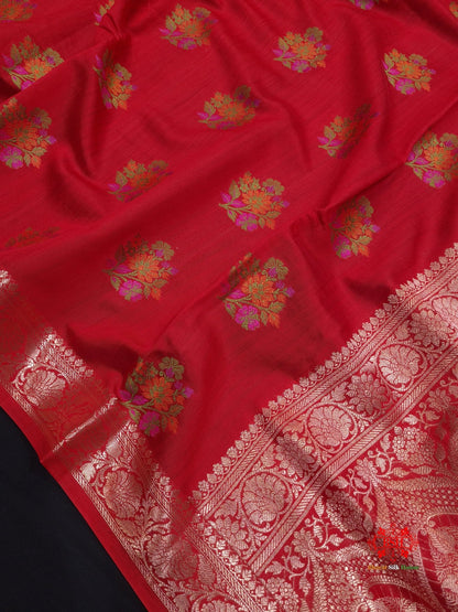 Shade Of Red Pure Chiniya Silk Saree With Meena Floral Booti - Bharat Silk House Chiniya Saree