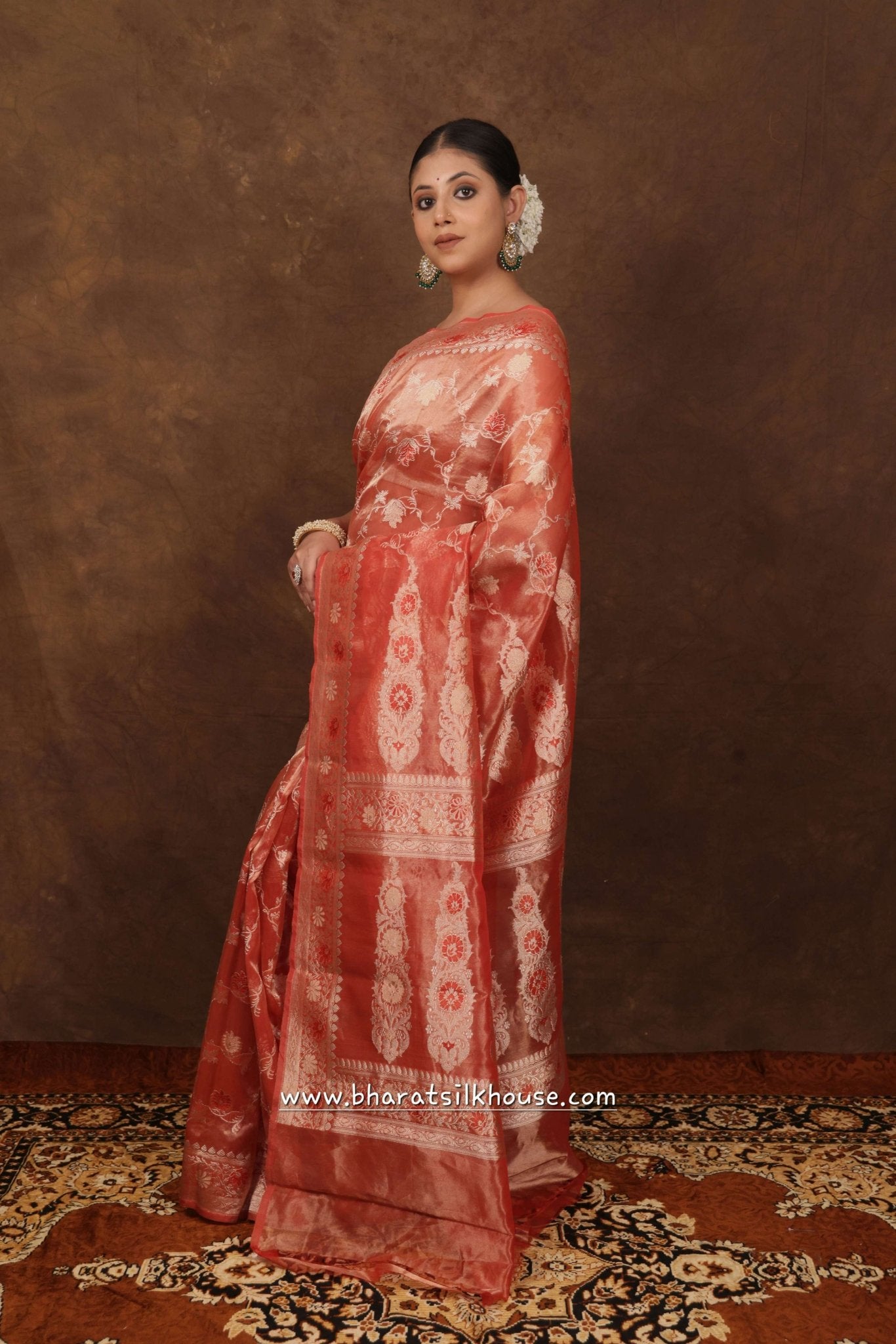 Shade Of Red Pure Tissue Meena Floral Jaal Silk Saree - Bharat Silk House Tissue Silk