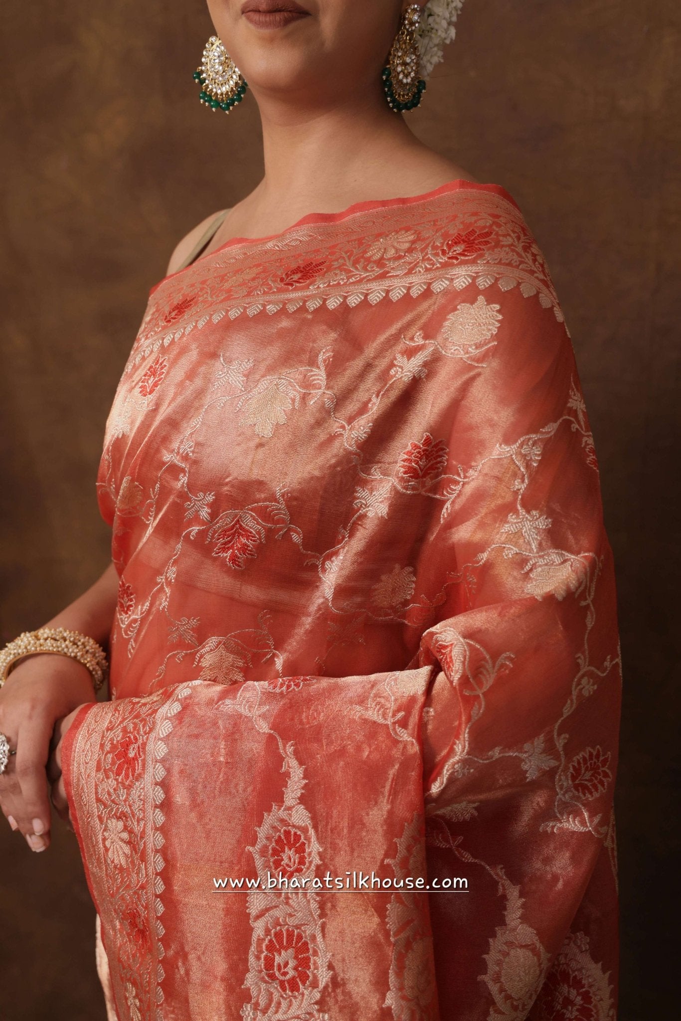 Shade Of Red Pure Tissue Meena Floral Jaal Silk Saree - Bharat Silk House Tissue Silk