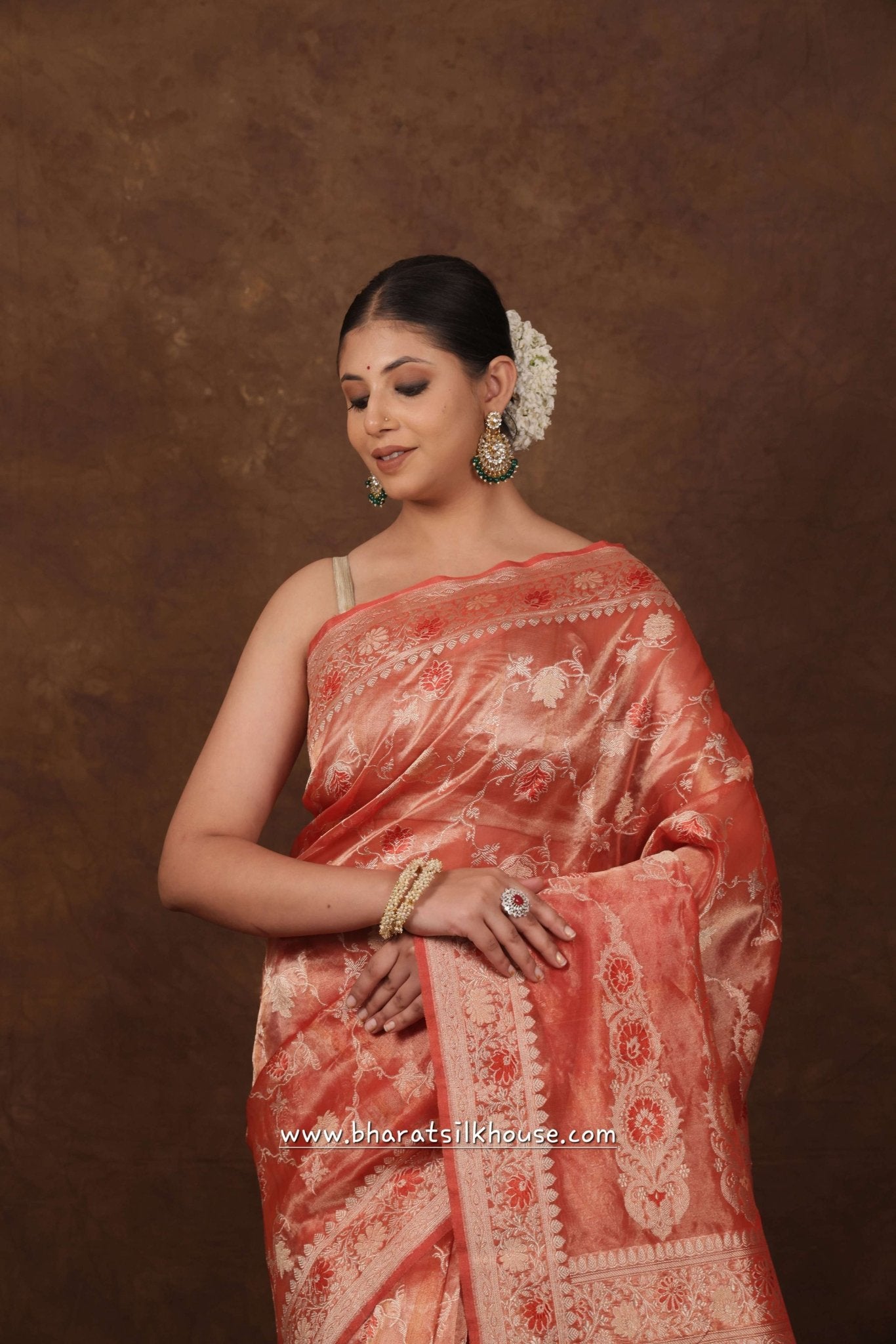 Shade Of Red Pure Tissue Meena Floral Jaal Silk Saree - Bharat Silk House Tissue Silk