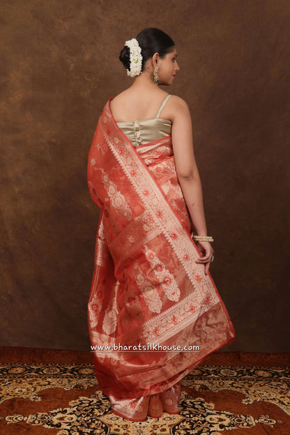 Shade Of Red Pure Tissue Meena Floral Jaal Silk Saree - Bharat Silk House Tissue Silk