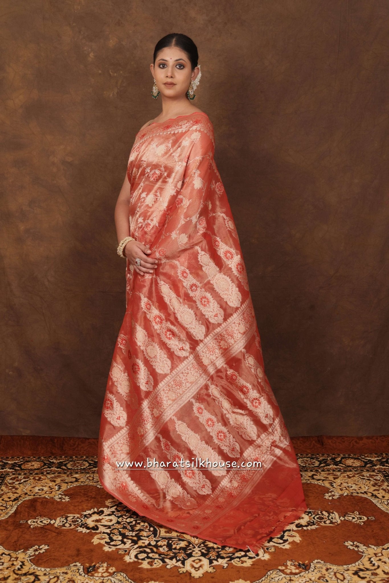 Shade Of Red Pure Tissue Meena Floral Jaal Silk Saree - Bharat Silk House Tissue Silk