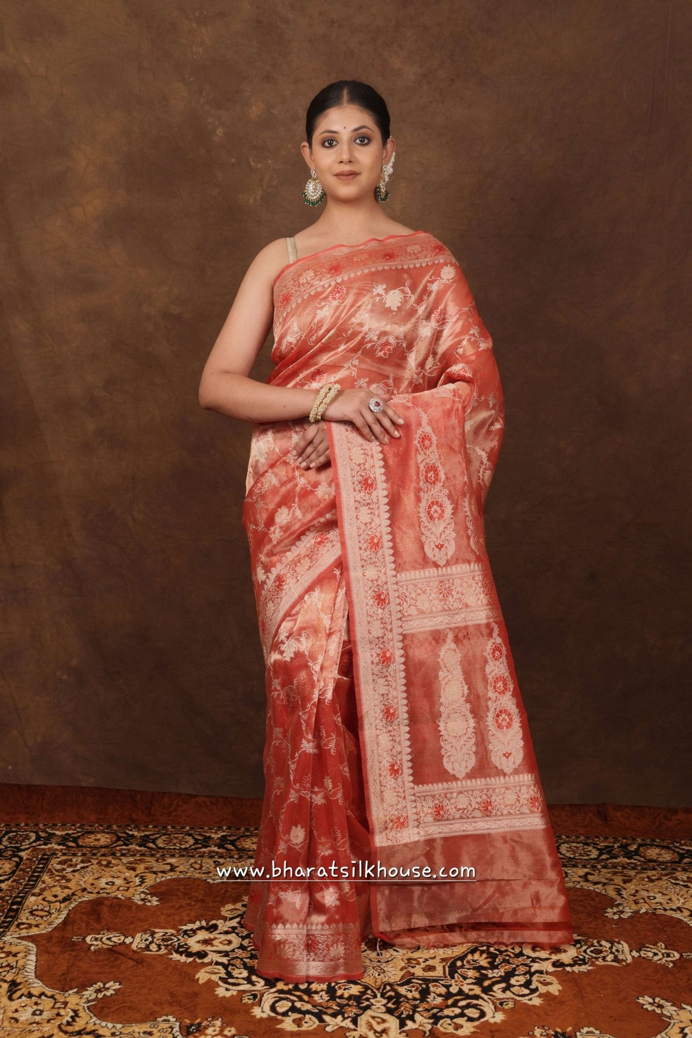 Shade Of Red Pure Tissue Meena Floral Jaal Silk Saree - Bharat Silk House Tissue Silk